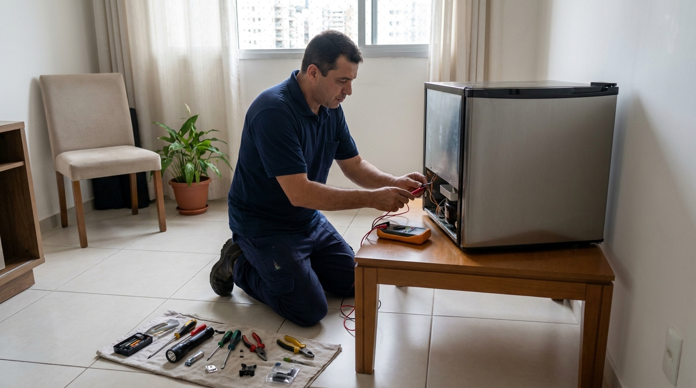 Técnico realizando manutenção de motor de frigobar em Santos‑SP